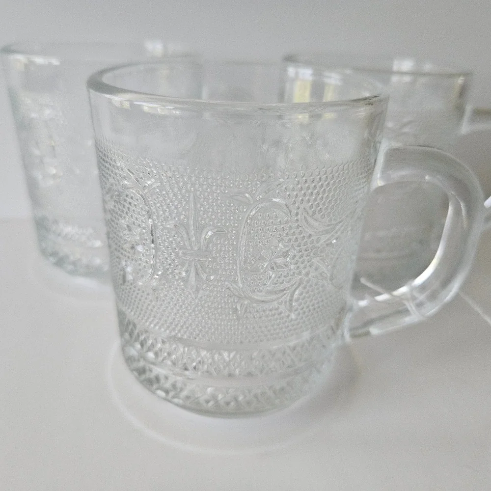 Vtg KIG Malaysia Fleur De Lis Glass Mugs - SET of 3